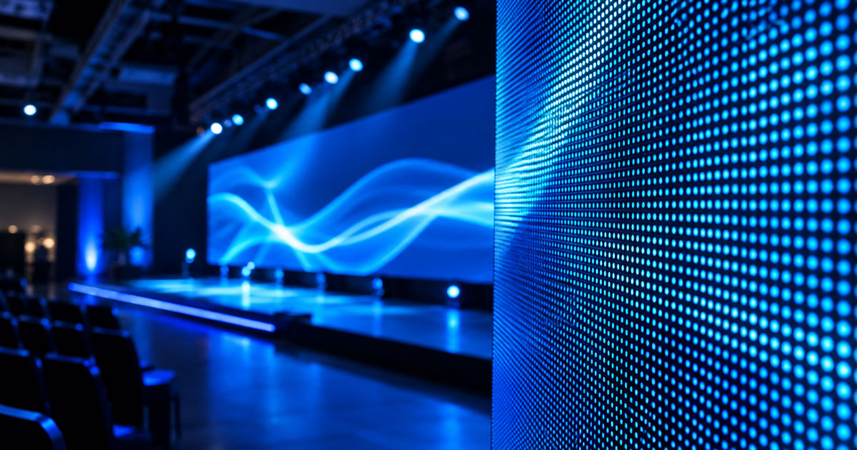 Detalle de una pantalla LED profesional para eventos, con píxeles visibles y tecnología de visualización